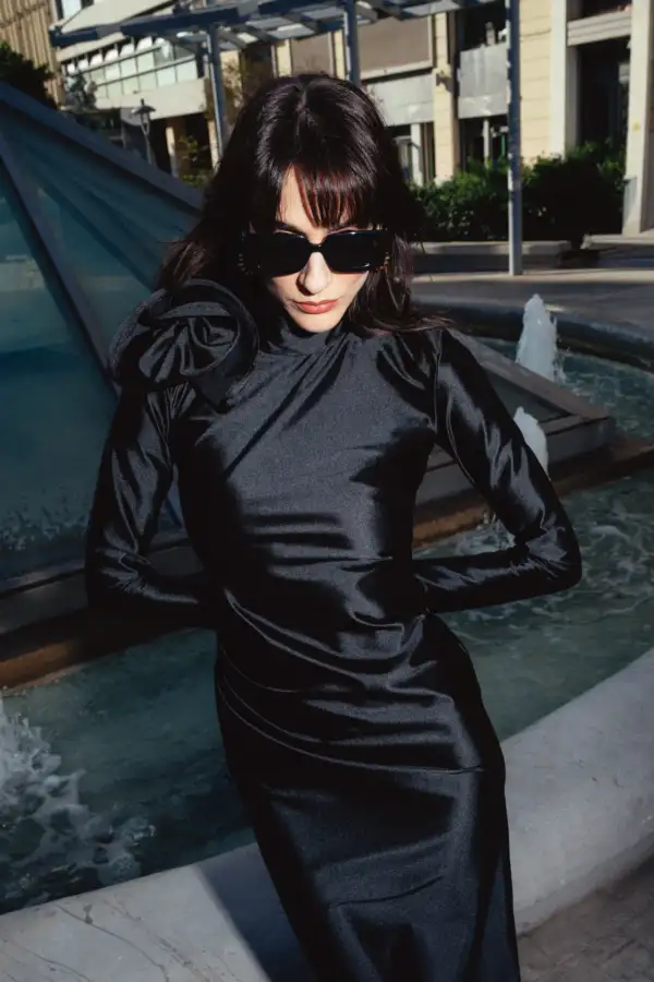 FLOWER APPLIQUE MAXI GOWN IN BLACK