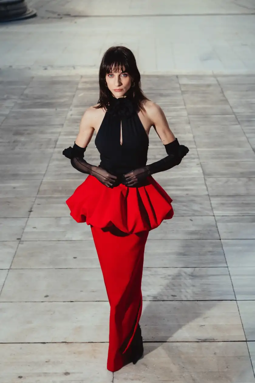 FLOWER APPLIQUÉ HALTERNECK BODYSUIT IN BLACK