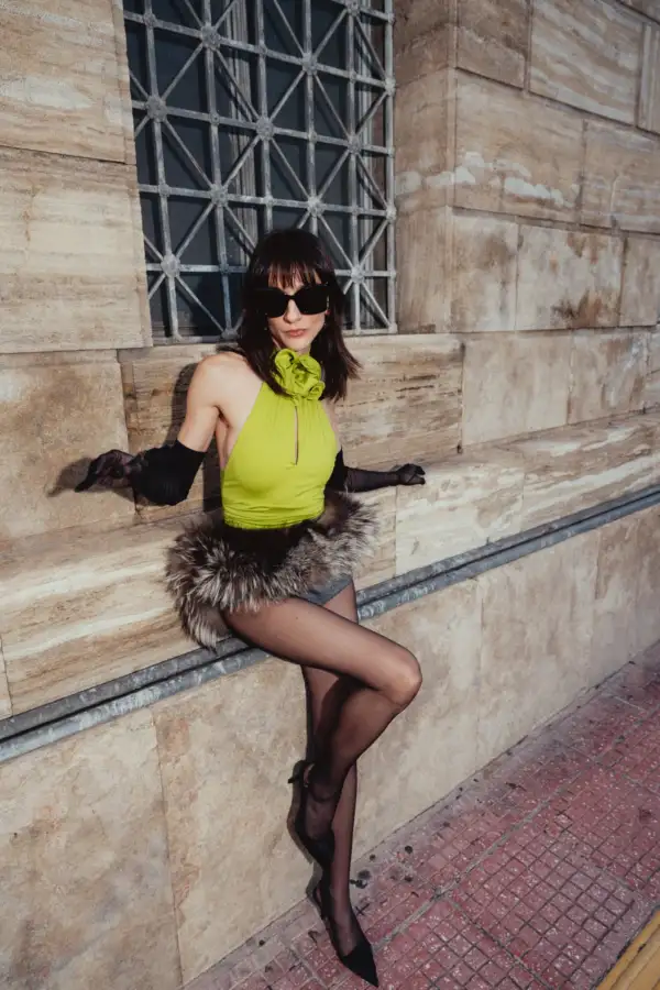 FLOWER APPLIQUÉ HALTERNECK BODYSUIT IN LIME CHARTREUSE