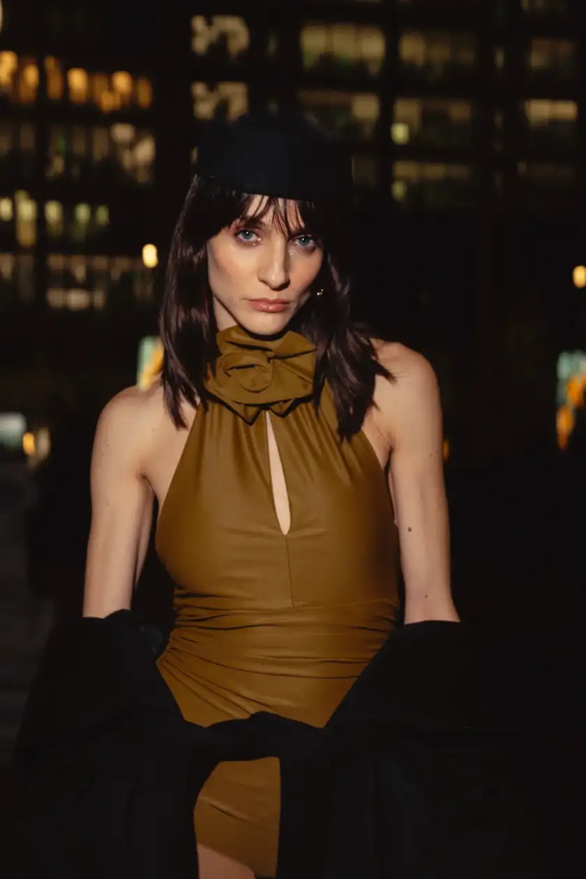 FLOWER APPLIQUÉ HALTERNECK BODYSUIT IN KHAKI DORÉ